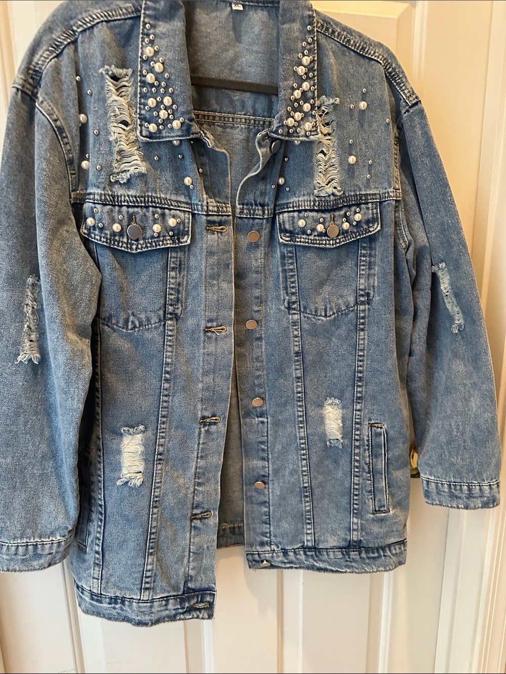 Pearl & Stud Distressed Denim Jacket - Blue - Picture 3 of 4